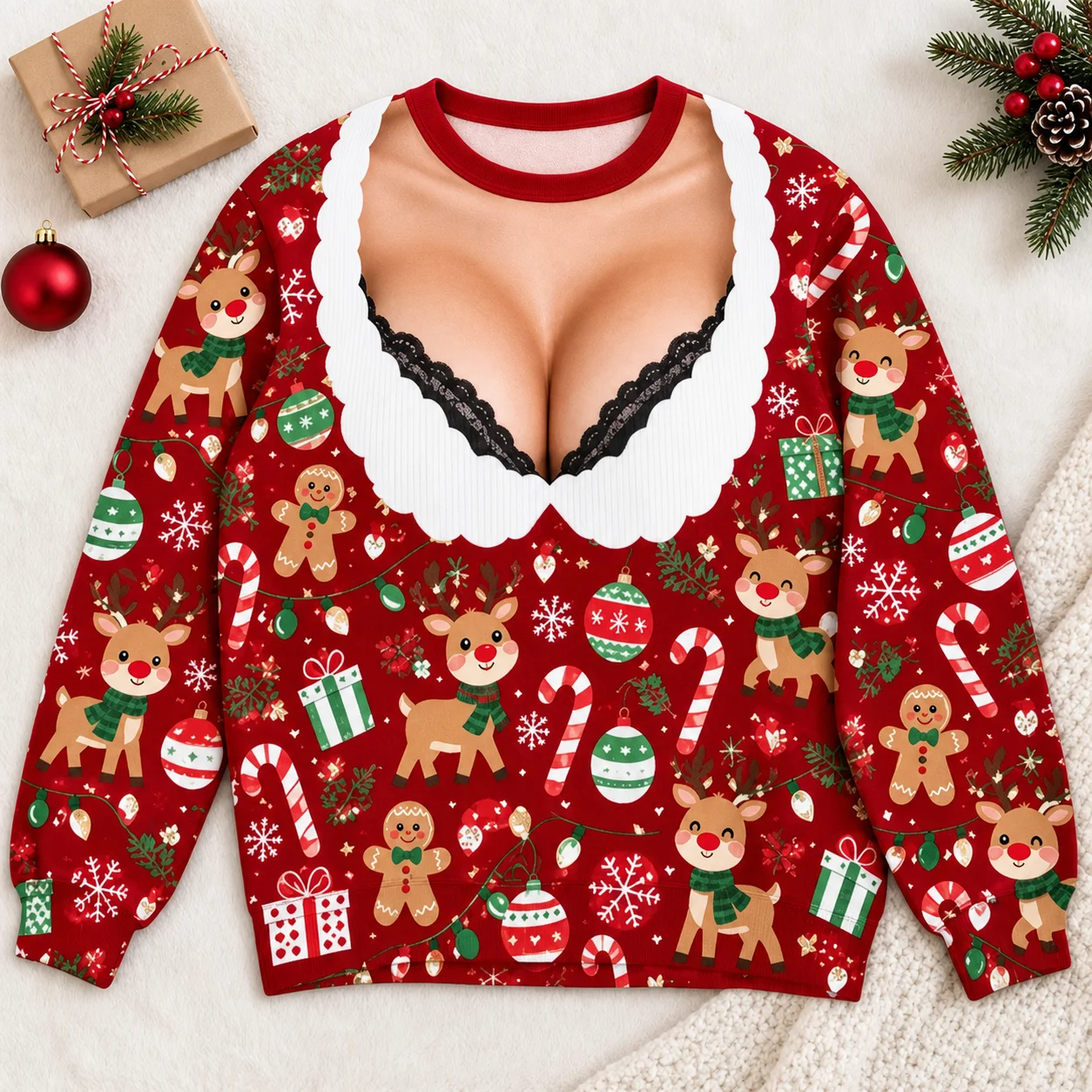 3D Printed Funny Ugly Christmas Sweatshirt Realistic Fake Chest Cleavage Print Men Women Xmas Party Novelty Pullover Gift 6XL