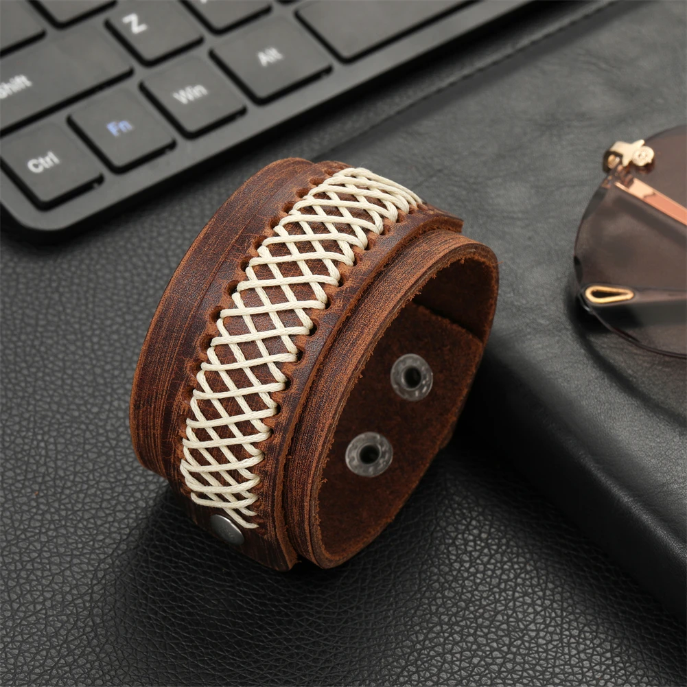 2024  Jewelry Handmade Weave Genuine Leather Bracelet Men Vintage Cuff Wide Leather Bracelet Pulsera Hombre