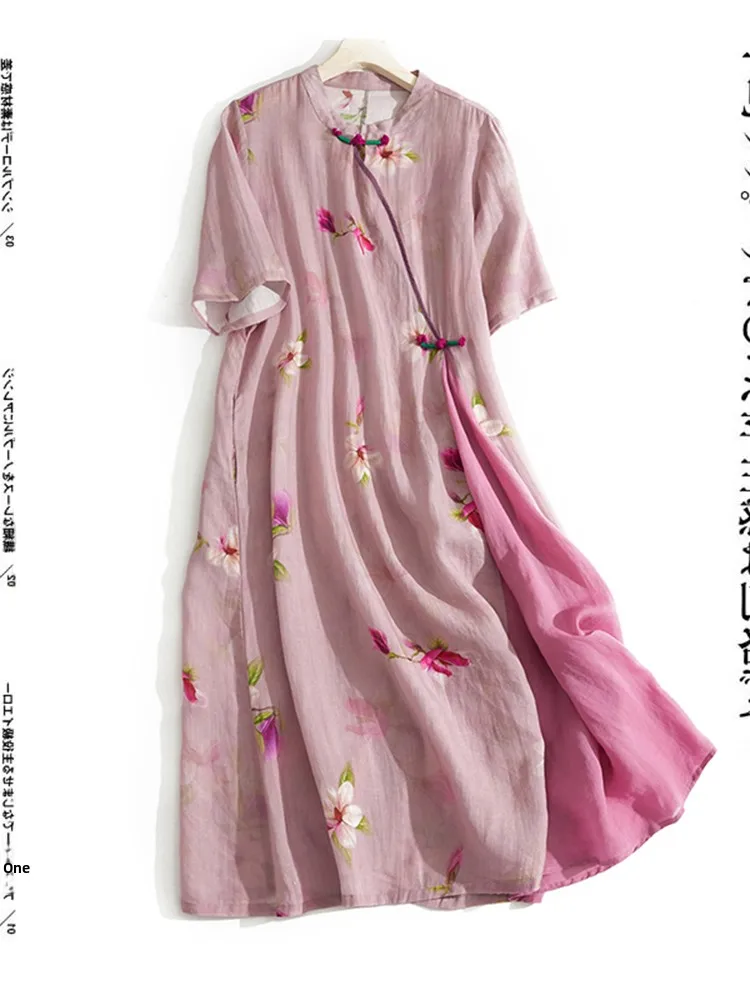 Retro Sle Spliced Print Hemp ort Sve Dr Large Size Women's Vintage  Skirt Commute Sle A-Line Dr