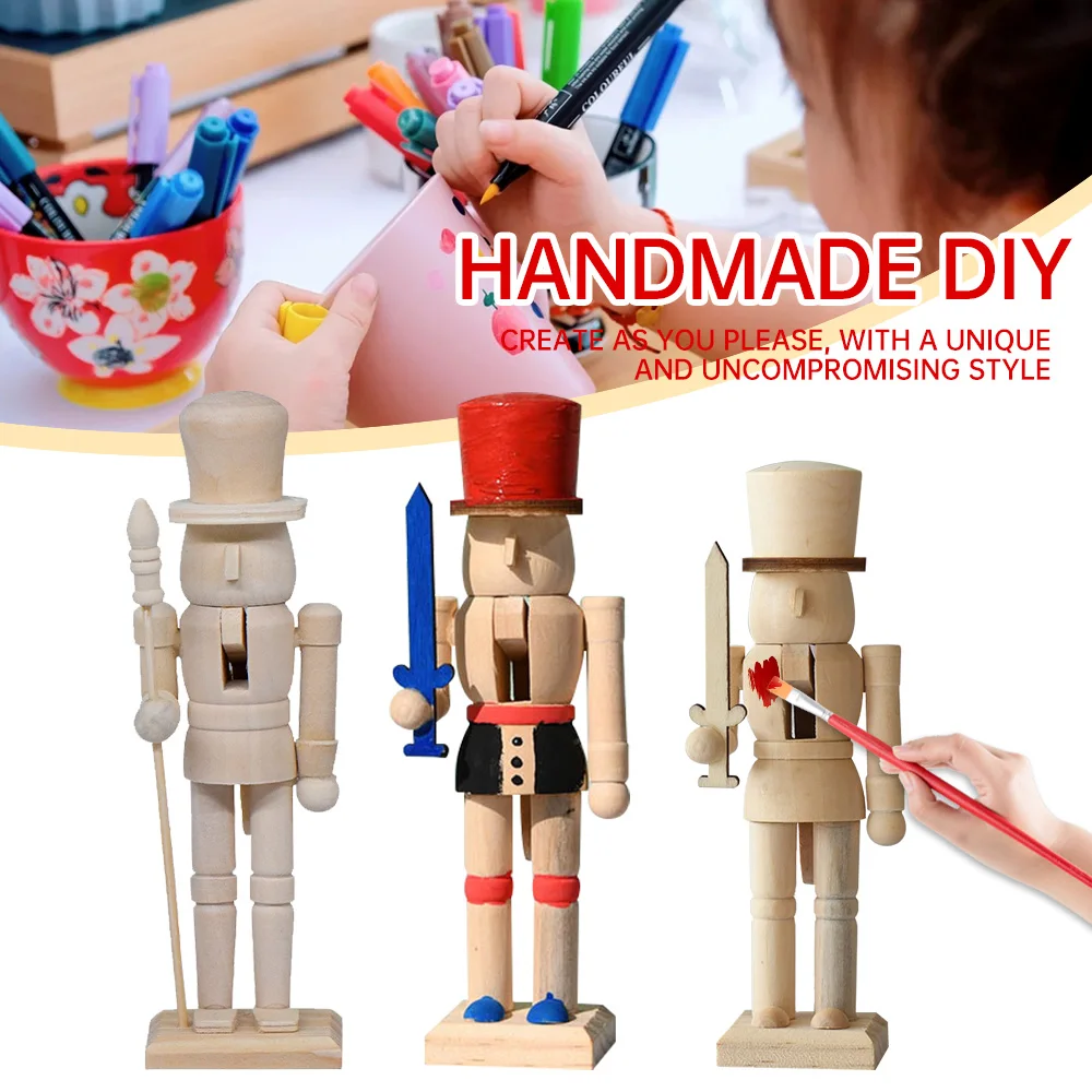 Christmas Children DIY Painted Set Wooden Nutcracker Puppet White Embryo Walnut Soldier Doll Toy Desktop Ornament Decoration