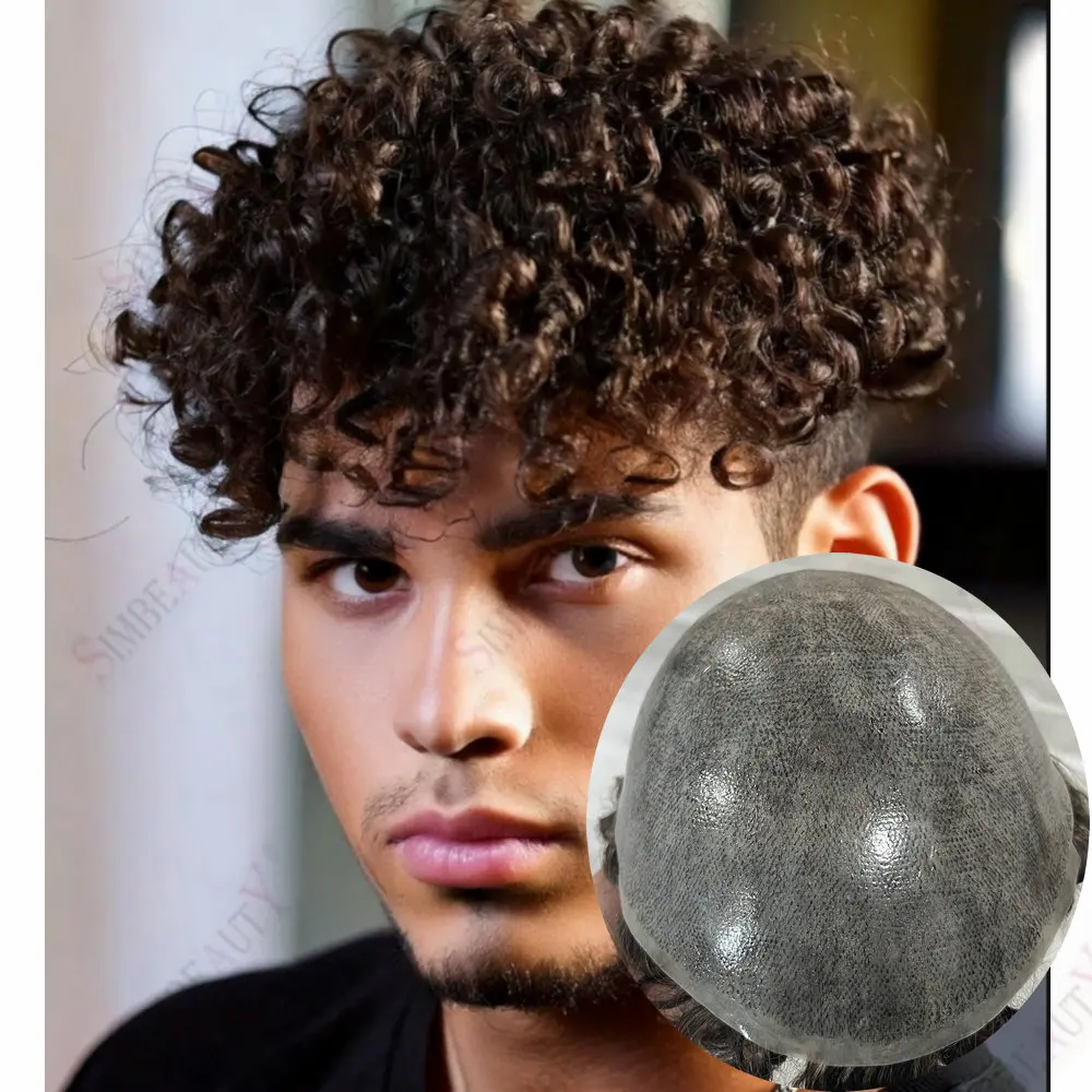 

Super Durable Full PU Toupee15mm Afro Curly Men's Wig Human Hair Male Hair Capillary Prosthesis Bald Men Replacement System Unit