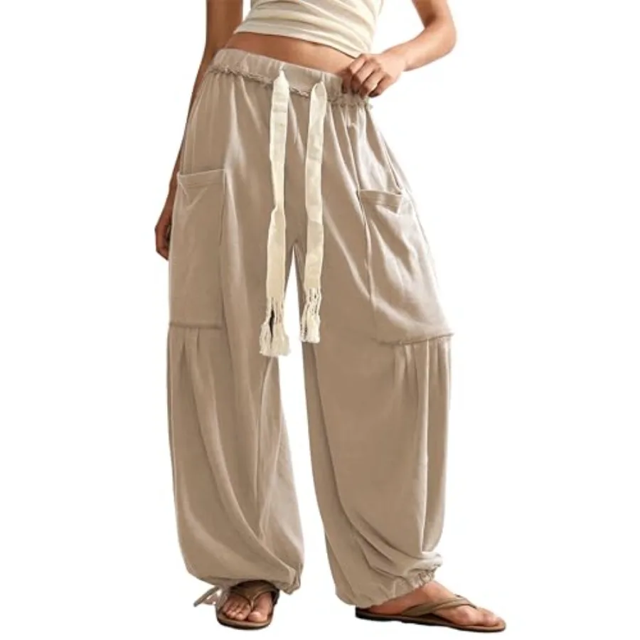 Springrain Women's Baggy Wide Leg Pants Casual Drawstring Harem Pants Bohemian Trousers with Big Pockets