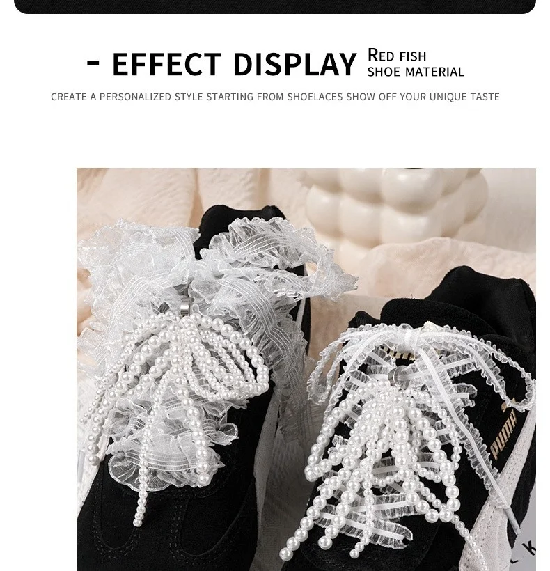 Rüschenbesetzte, transparente Schuhbänder aus Organza mit Schleife, süße, alltagstaugliche Schuhaccessoires für flache Sneaker und Freizeitschuhe. – Detail 7