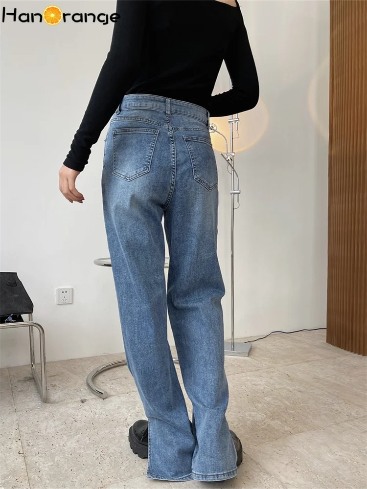 HanOrange 2026 Spring Retro Fashion High Waist Foot Openings Straight Leg Jeans Women Skinny Floor Length Pants Denim Blue