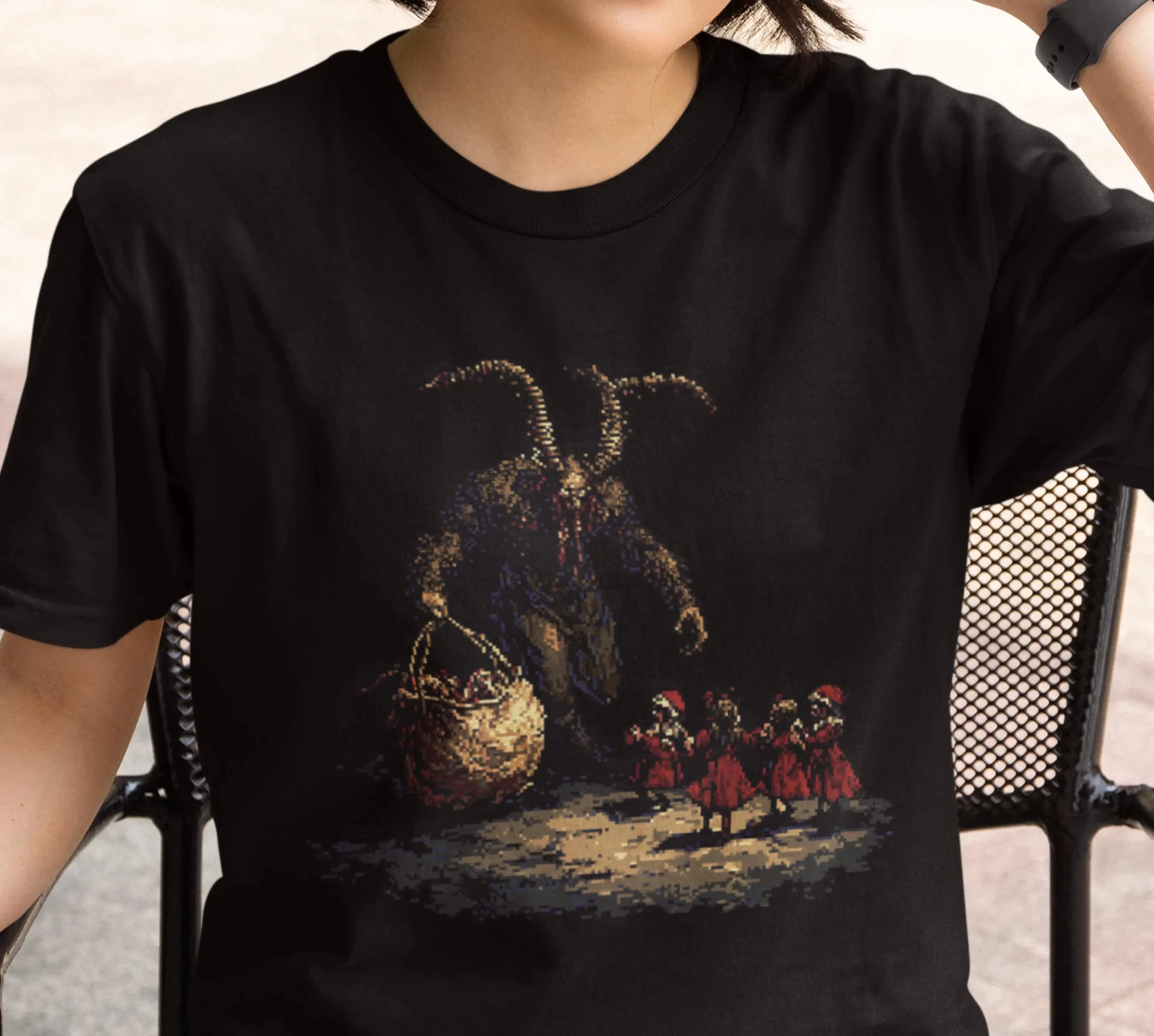 Krampus Pixel Art Tee Retro Christmas Horror Tee Gothic Holiday Gift Unisex Cotton T Dark Folklore Graphic Spooky Winter Design