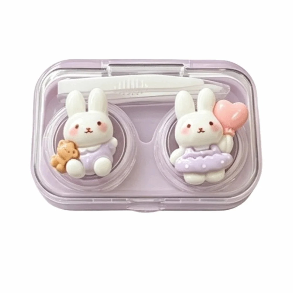 Cartoon Bunny Contact Lens Case Double Compartment Portable Mini Storage Box Wearing Tool Included Companion Box For Women Girls