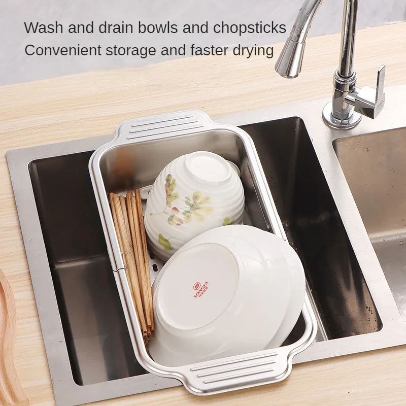 304 Stainless Steel Telescopic Drainage Basket Kitchen Sink Vegetable Basin Drainage Rack Household Utensils Sink Storage Rack