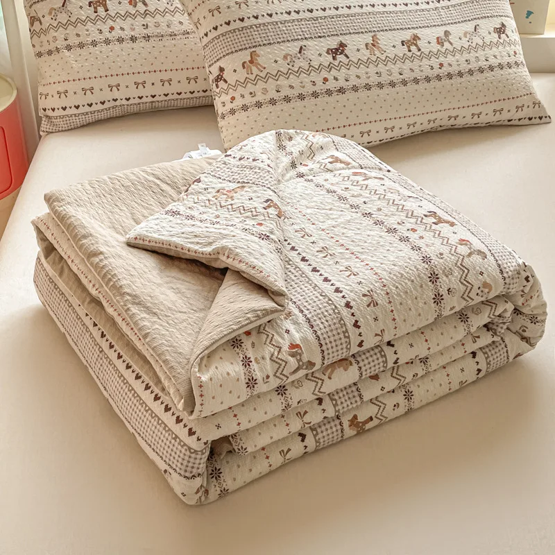 Korean Printed Cotton Soybean Fiber Quilt Girl Style Skin-Friendly Summer Air Condition Comforter Cozy Colorfast Office Blanket