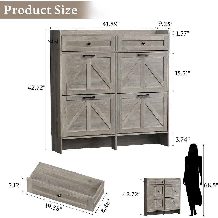 Shoe Storage Cabinet for Entryway, Farmhouse Wide Shoe Cabinet with s and 2 Top Drawers, Freestanding Organizer with Adjustable