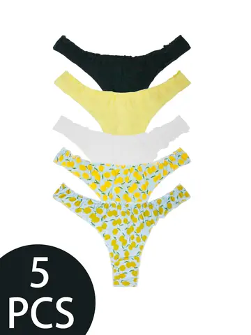 5-piece mixed fruit pattern pure cotton ruffled women's thong, wrinkled comfortable women's underwear