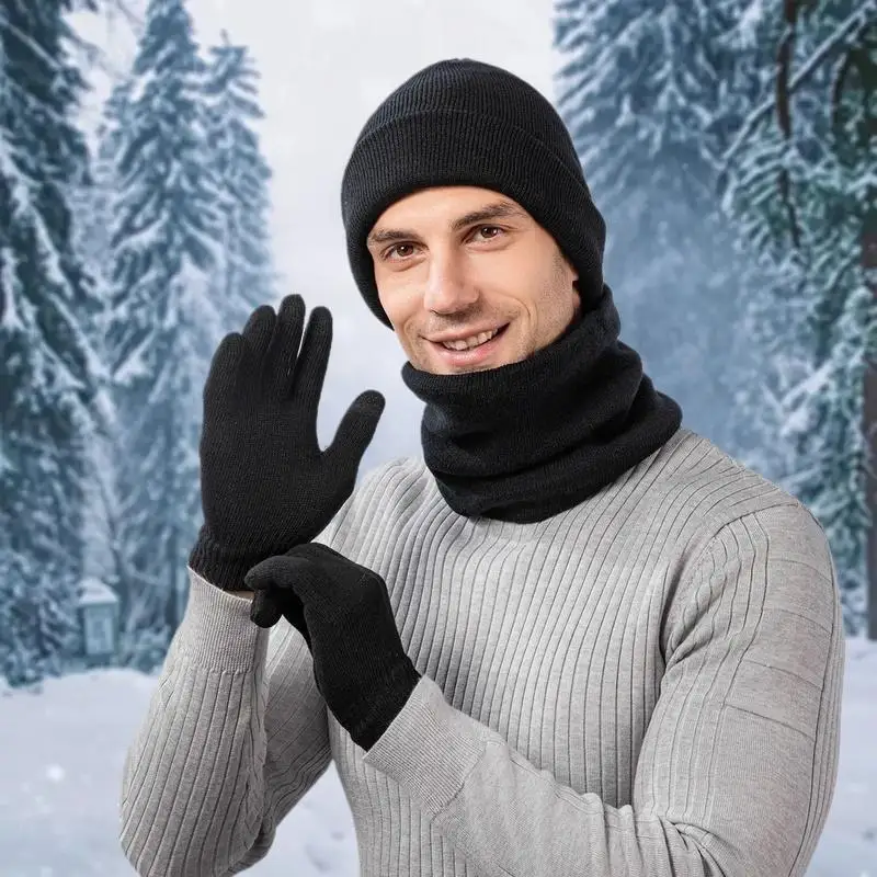 الشتاء الدافئة رشاقته قبعة وشاح وقفازات مجموعة رجالي الحراري صوف مبطن مترهل قبعة الرقبة الأوشحة قفازات 3 في 1 مجموعة دافئة #1