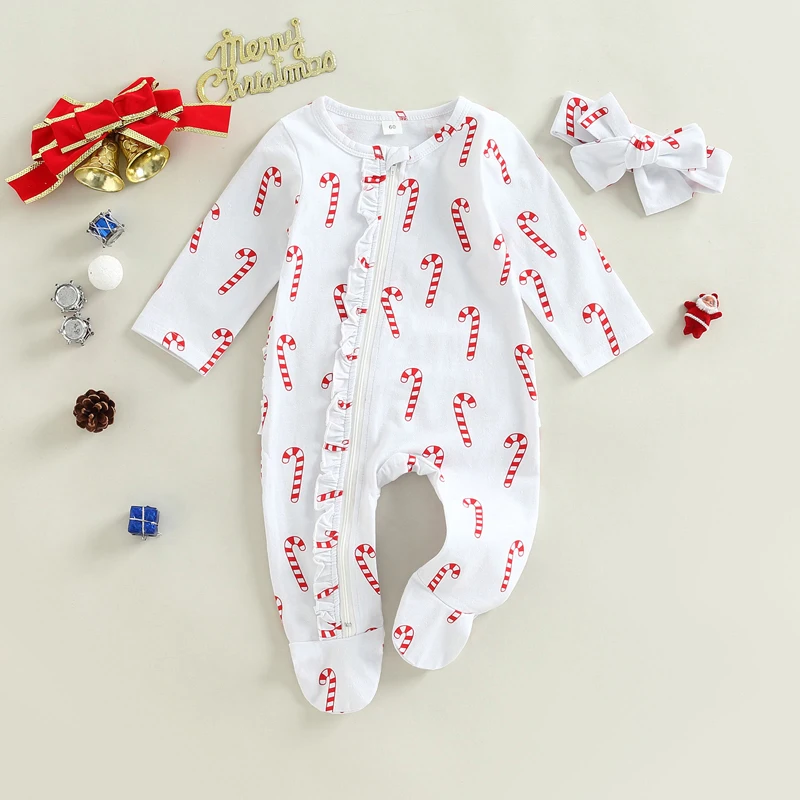 Lioraitiin 0-6M Infant Baby Girls Boys Christmas Footed Romper Crutch/Plaid/Xmas Tree Print Long Sleeve Ruffled Zipper Jumpsuit