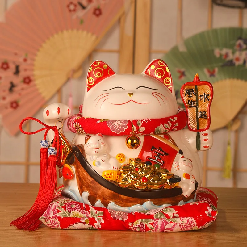 9Inch Red Ceramic Manaki Neko Feng Shui Decor Lucky Cat Beckoning Cat Piggy Bank Business Gift Home Decoration Money Box