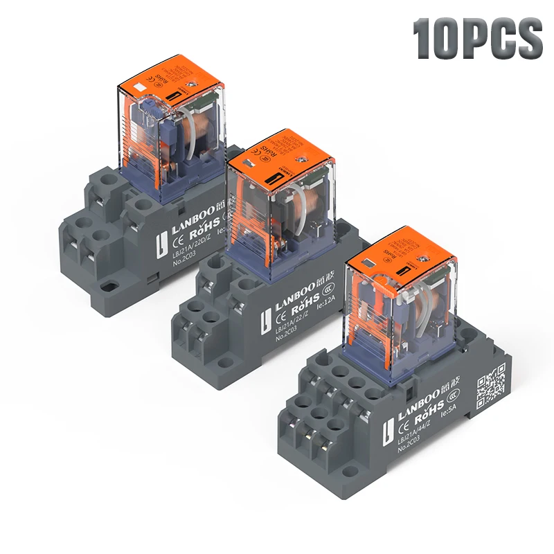 LANBOO 10 Sets Per Box,LBJ21A Intermediate Relay With Socket Base, 2NO2NC/4NO4NC DC12V/DC24V AC220V
