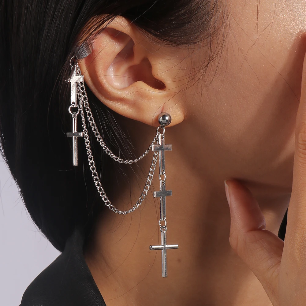 Aihua 1pc Punk schwarz Kreuz Quaste Ohrringe Frauen Clip Ohr stecker Christian Gothic Hip Hop Schmuck Metall kette Ohrring Ohrring – Detail 9