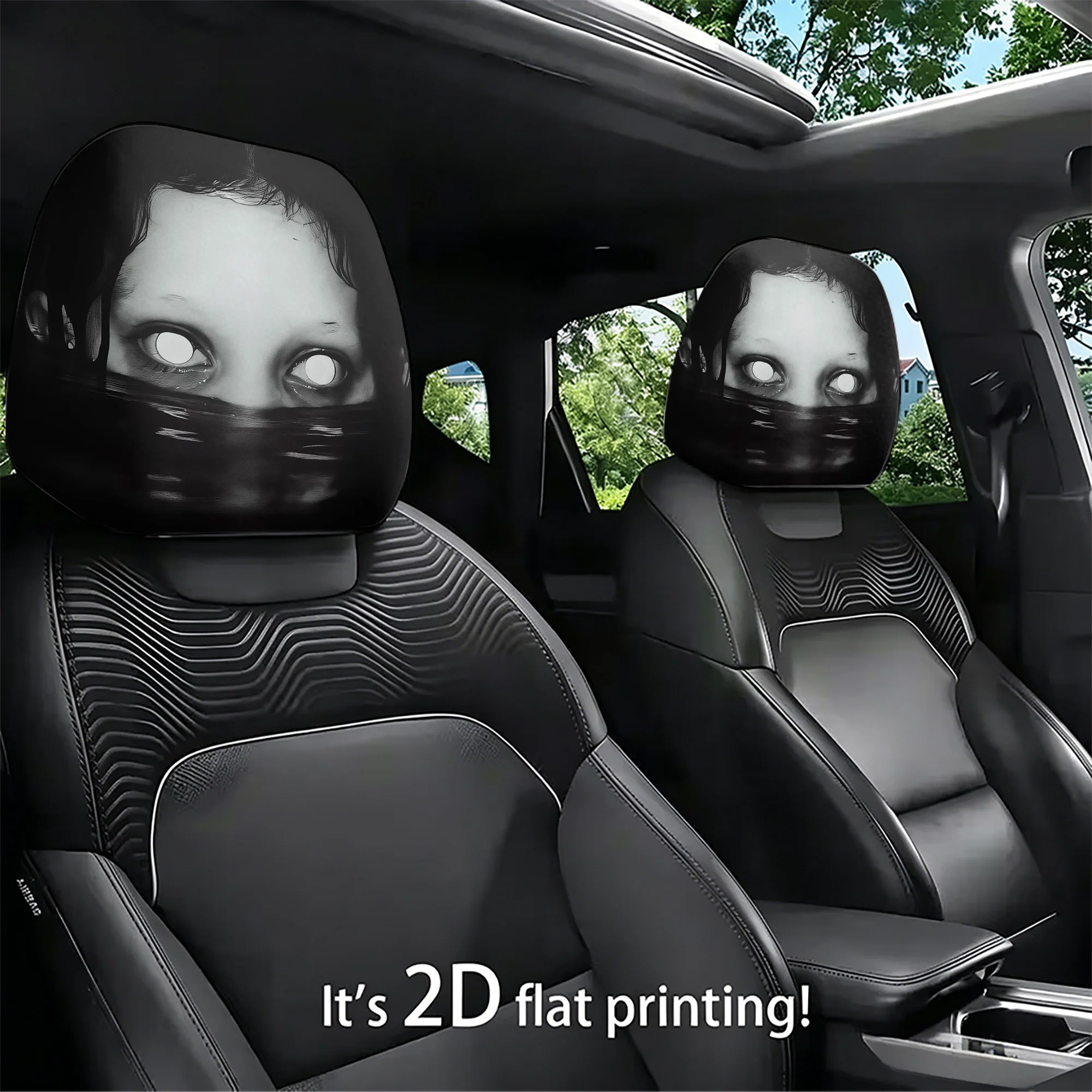 2pcs car headrest covers with a spooky eyeball design, creating a spine-chilling atmosphere in your car’s interior. Does not inc