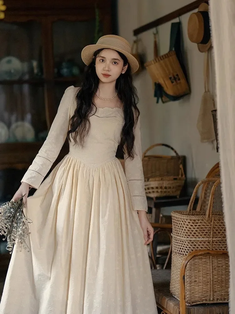 84-96cm Bust SpringFall Long Dresses For Women French Vintage Elegant Slim Embroidery 100%Cotton Dress Mori Girls Commuter Dress