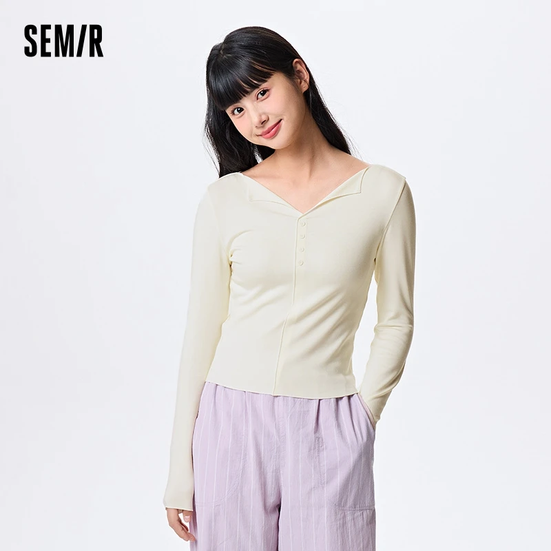 Semir Underwear Women Lapel Comfortable Slim Fashion Brushed Warm Base Layer