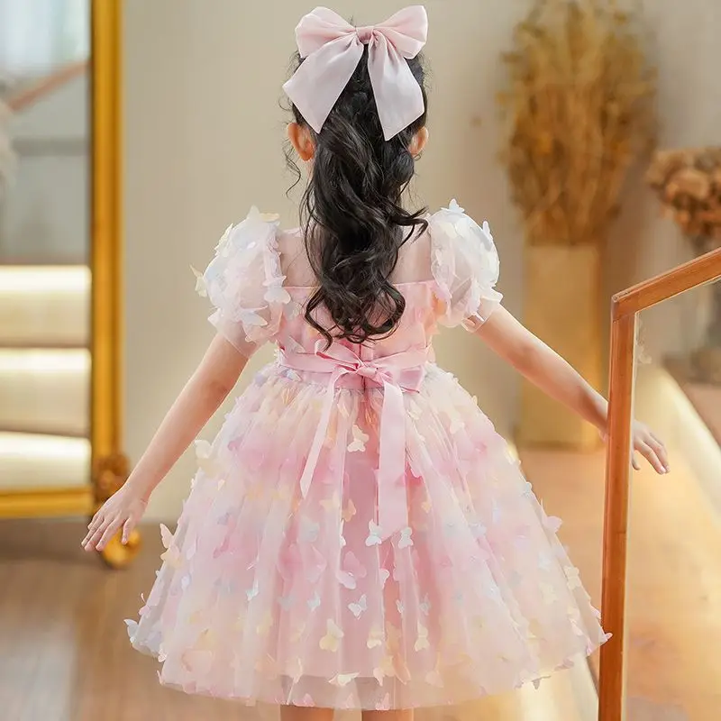 Children Clothes Girl Wedding Dress 2024 New Puff Sleeve Princess Banquet Dresses Birthday Evening Pink Ball Gown for Kids N28