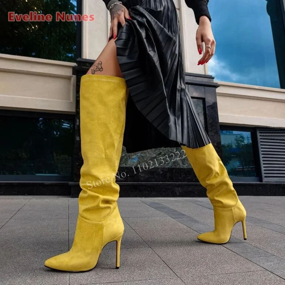 

Yellow Suede Knee Boots 2024 Autumn New Arrival Solid Pointed Toe Slip-on Stiletto Sexy Work Fashion Shoes For footwear