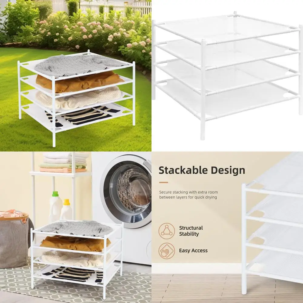 

Portable Stackable Mesh Drying Racks, 4-Pack White, Suitable for Indoor/Outdoor Delicate Clothes