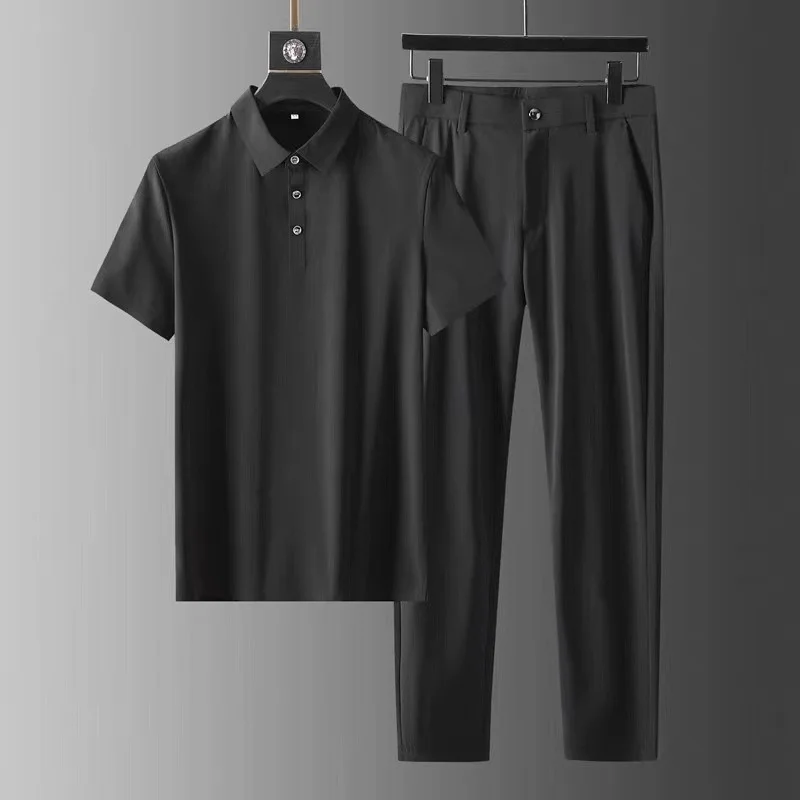 High Elastic Mens Short Sets Short Sleeve Two-piece Seamless Glue Pressing Summer Speed Dry Lapel Leisure Men Track Suit