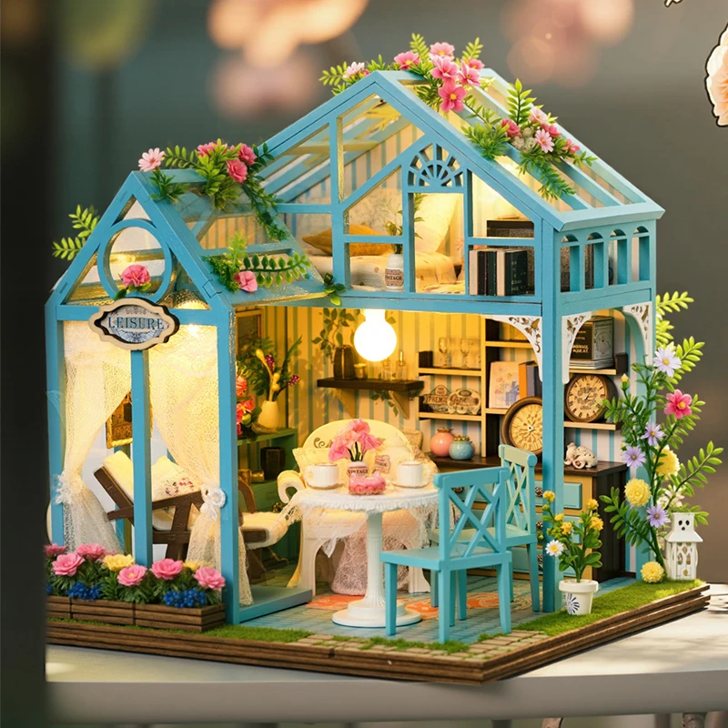 Kit di costruzione in miniatura in legno fai-da-te Case delle bambole del cottage del giardino dei fiori con mobili Case delle bambole Casa per i regali di compleanno degli amici