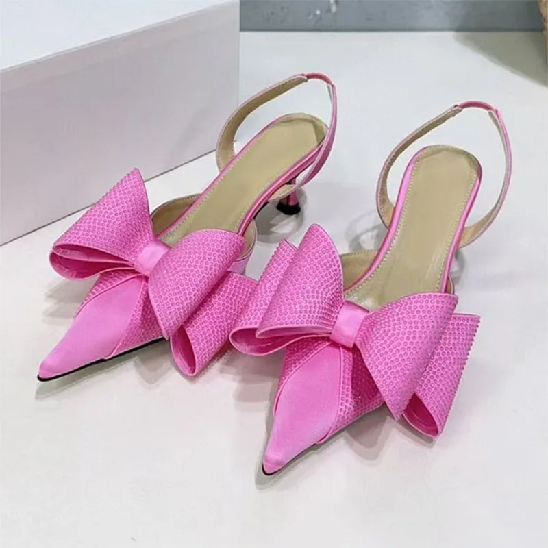 

Women Pumps Pointed Toe Kitten Heels Satin Rhinestone Butterfly-knot Party Dress Shoes Woman High Heels Summer Sandals Woman