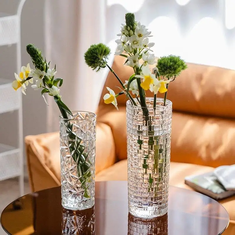 Embossed Clear Glass Vase Handcrafted Textured Flower Vessel for Living Room Home Decor Housewarming Gift Choice