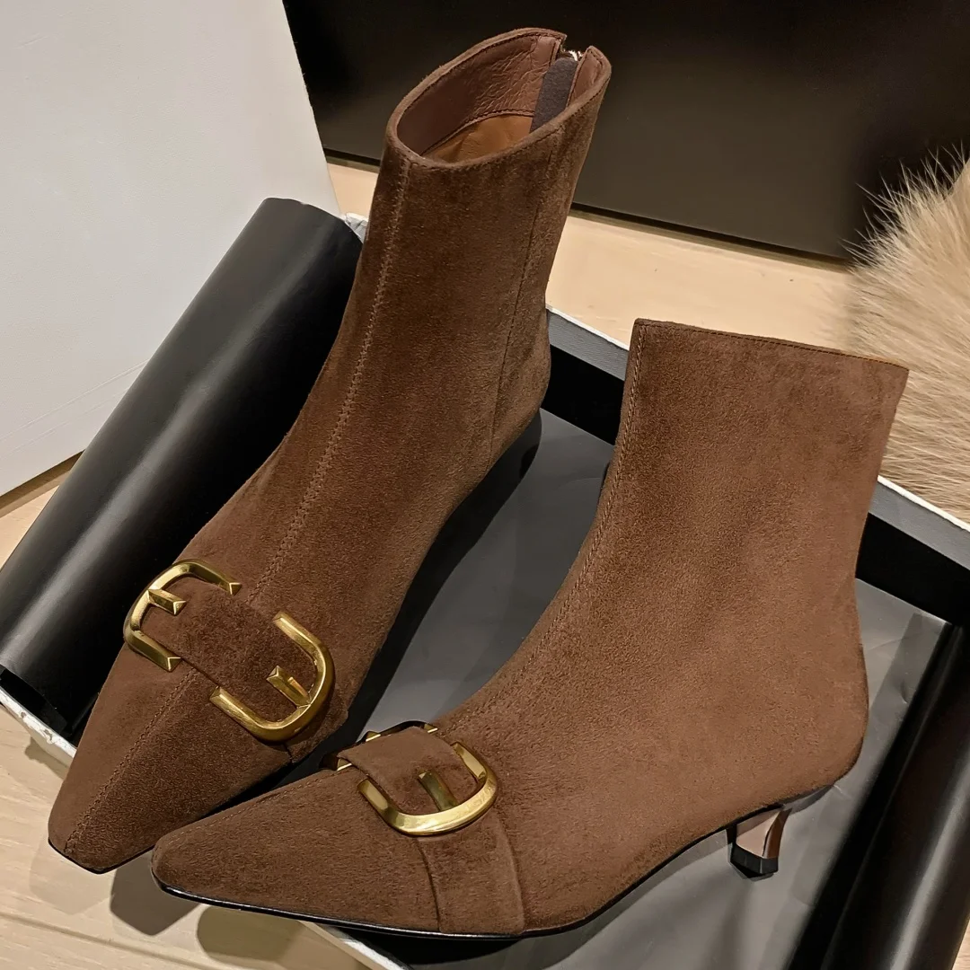 

danxuefei women's natural suede leather metal buckle back zip slip-on autumn ankle boots 4cm thin high heel elegant short boots