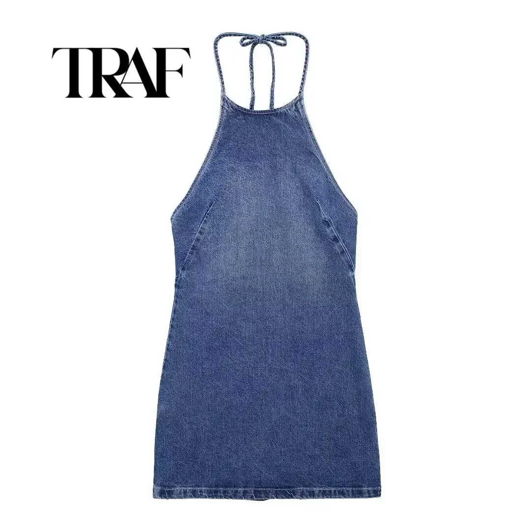 TRAF Woman Halter Mini Dress Denim Woman Sexy Backless Party Dresses for Women 2024 Off Shoulder Dress