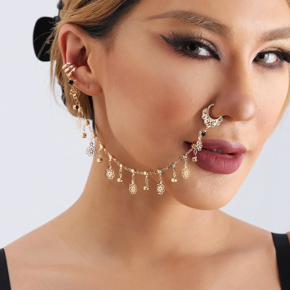 

Body Jewelry Earring with Nose Ring Fashion Trendy Metal Nose Clip Gold& Black Imitation Crystal Long Chain Tassel Nose Clip