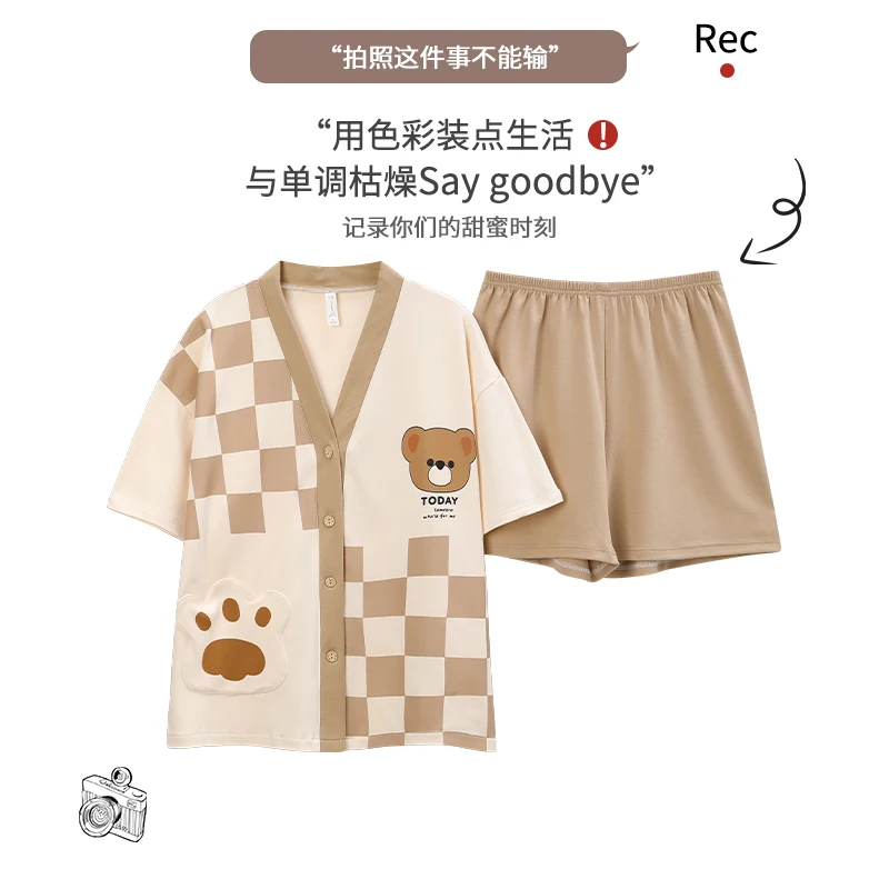 Cute Bear 100% Cotton Korean Style Sleepwear Summer High Quality Womens Pajamas Set Casual Kimono Lapel Shorts Homesuit for Girl