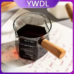 YWDL 120ml Glass Espresso Measuring Cup with Wood Handle Hexagon Milk Jug Coffee Supplies Sauce Cup Serving Pitcher