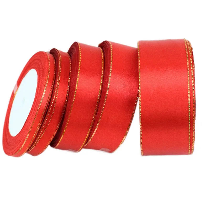 (25 Yards/roll) Red Gold Edge Satin Ribbon Wholesale Gift Handmade DIY Christmas Ribbons (6/10/20/25/40mm)