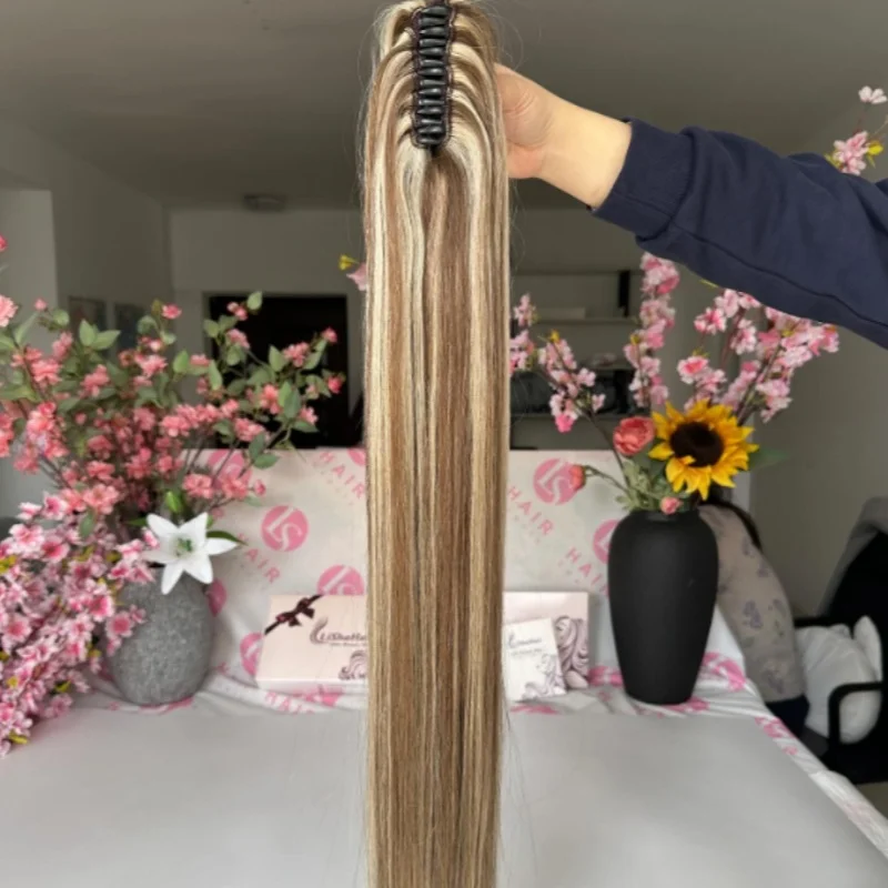 22 بوصة الاصطناعية ذيل حصان الشعر التمديد طويل مستقيم مخلب كليب ذيل حصان مقاومة للحرارة موجة طبيعية للنساء شقراء هيربيسي