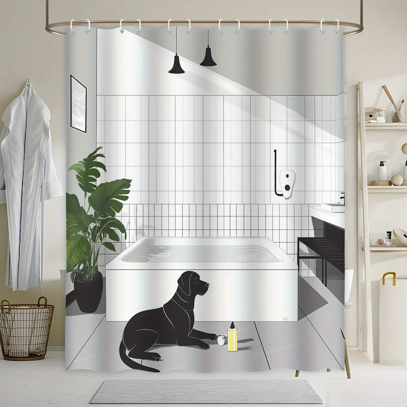 

~O~Занавеска из лабрадора — минималистичный дизайн, белая ванна, зеленое растение, желтое мыло, 70 дюймов, полиэстер, 12 крючков, можно стирать в машине