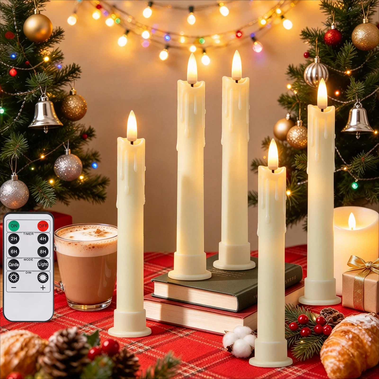 Set of 6 LED Flameless Taper Candles Remote Battery Operated Pointed Candles Flickering Light for Christmas Home Wedding Decor