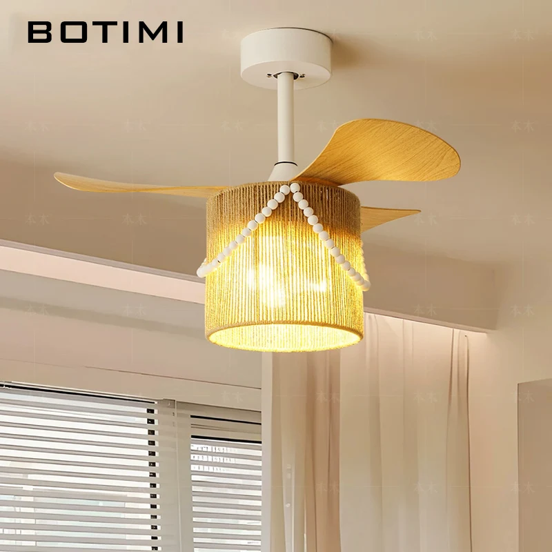 BOTIMI 75CM Rope Lampshade Ceiling Fan With LED Lights For Bedroom Remote Control Ventilateur de plafon Bedroom Cooling Fan