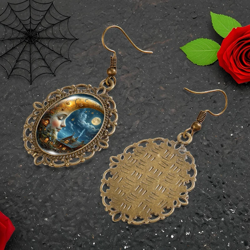 Vintage House on the Moon Picture Oval Glass Cabochon Flower Shaped Fish Hook Earrings Handmade Gifts