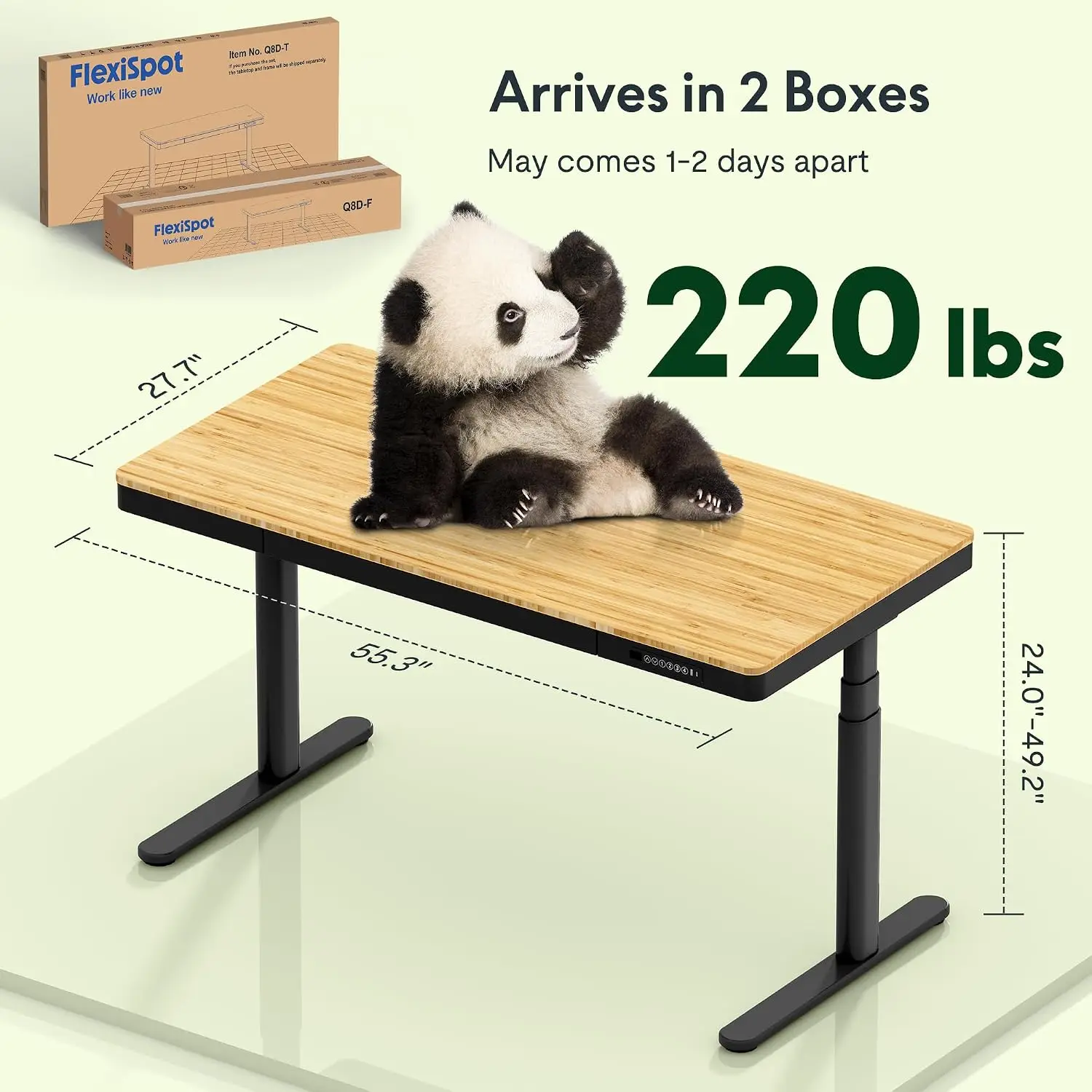 Bamboo Standing Desk Dual Motor 3-Stage Height Adjustable Electric Workstation Wireless Charging Drawer 220lbs Black Frame, Cust