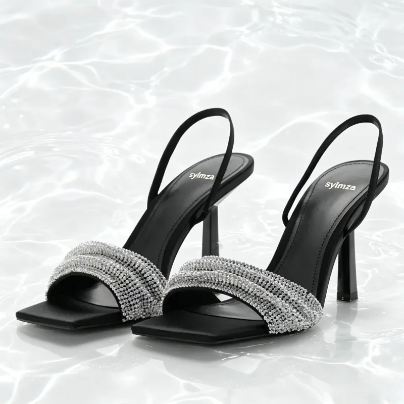 Sparkling Rhinestone Decorate High Heel Sandals Women Sexy Open Toe Square Toe Slingback Heels Luxury Designer Party Dress Shoes