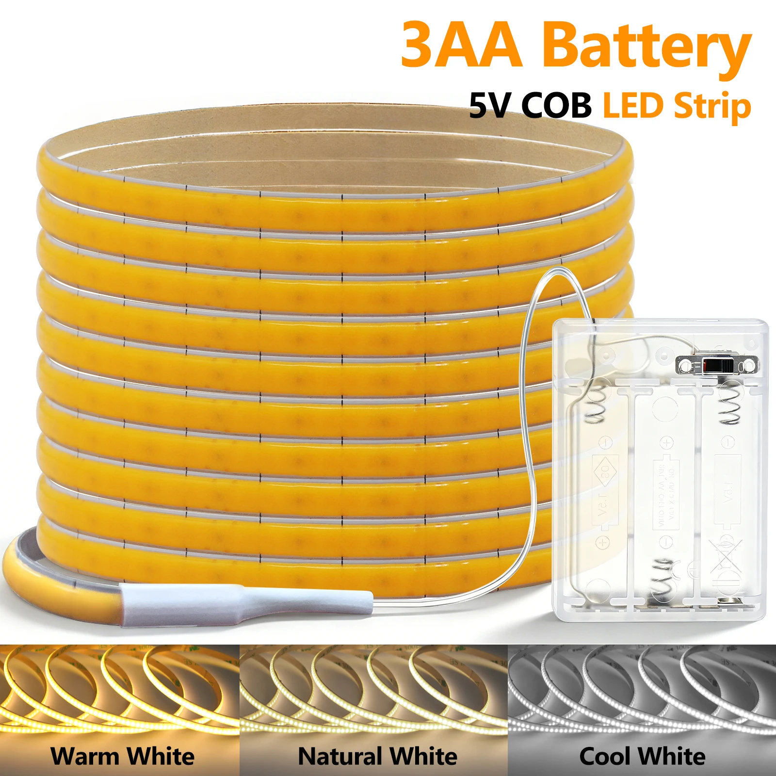 3AA Battery Box 5V 5mm COB LED Strip 320LEDs/m Warm Natural White Flexible Adhesive Tape for Bedroom Cabinet TV Backlight