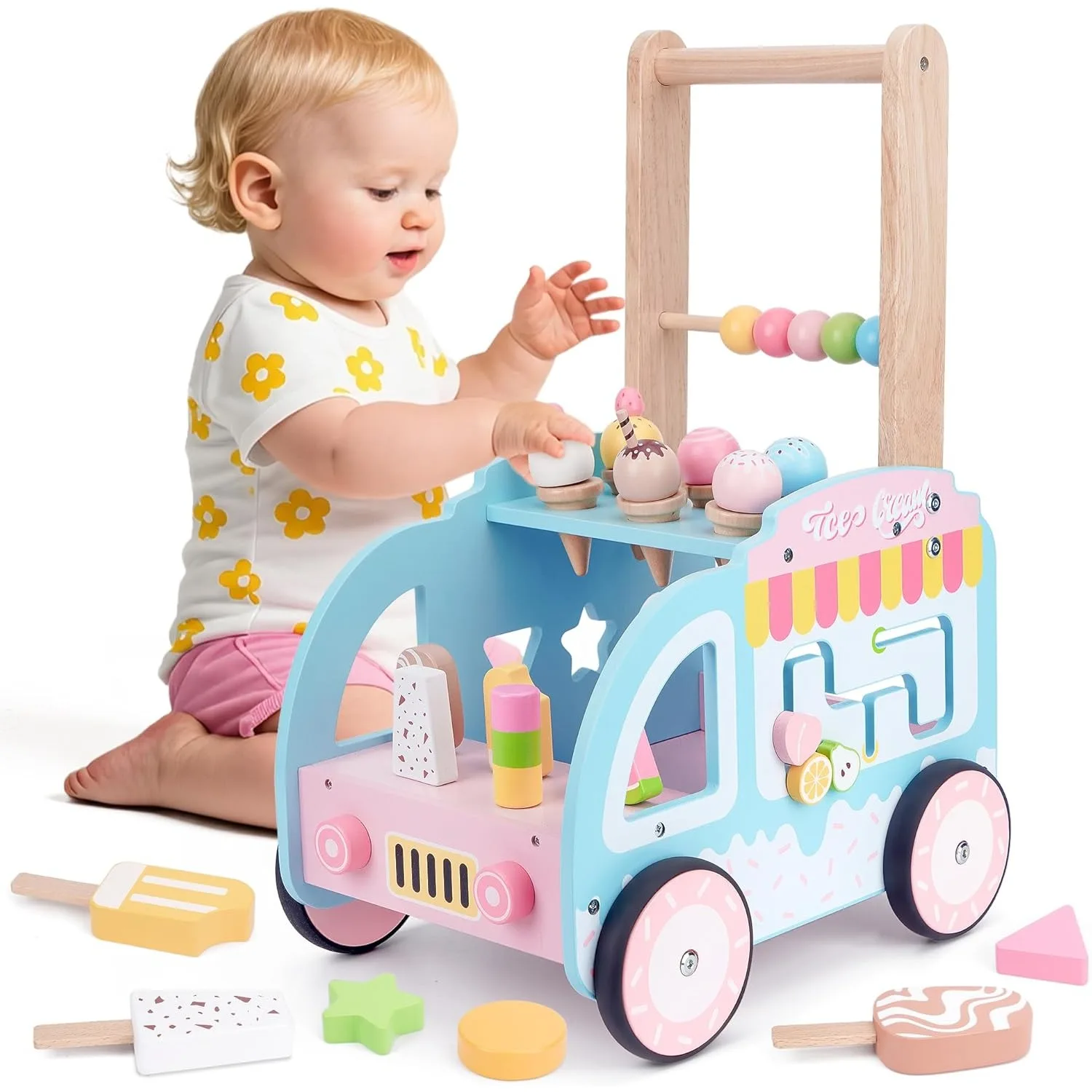 Wooden Baby Walker with Wheels Ice Cream Cart Baby Activity Center Learning Push Walker for Toddlers Sorter Toy Newborn Gift