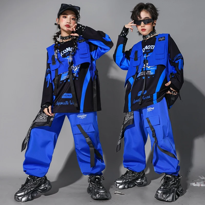 

Children Jazz Dance Clothes Girls Hip Hop Dance Show Stage Wear Blue Black Performance Clothing Oversize Top Jogger Pants 2605