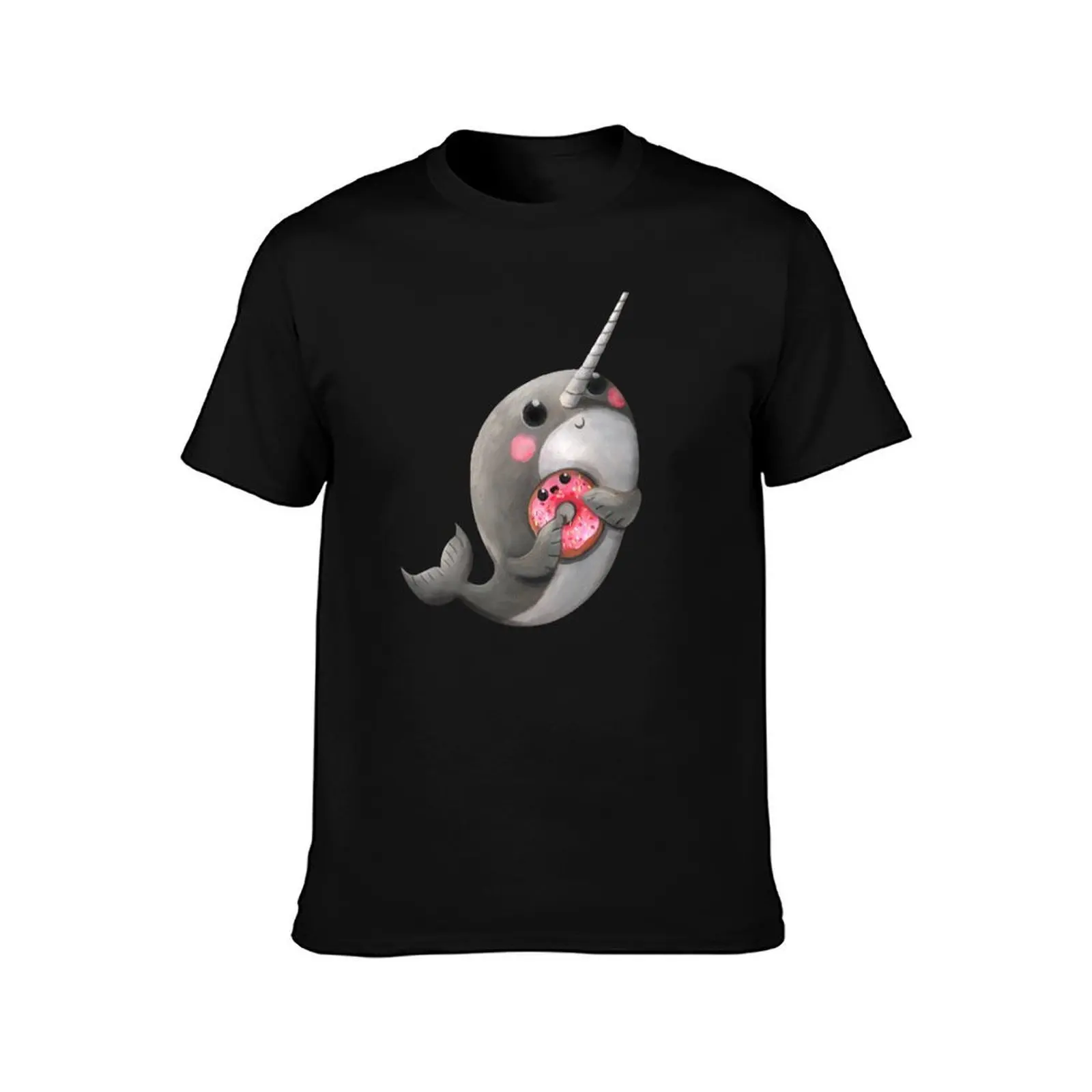 Cute Narwhal with donut T-Shirt, Summer Casual Cotton Tee, Oversized Streetwear Tops, Vintage Graphic Print, Unisex Men Women