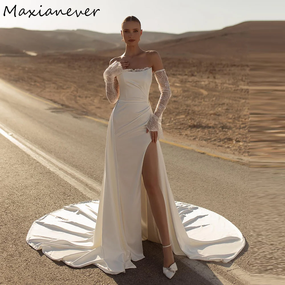 Maxianever Customized Satin Mermaid Wedding Dresses with Removable Train Strapless Lace Appliques High Slit Trumpet Bridal Gowns