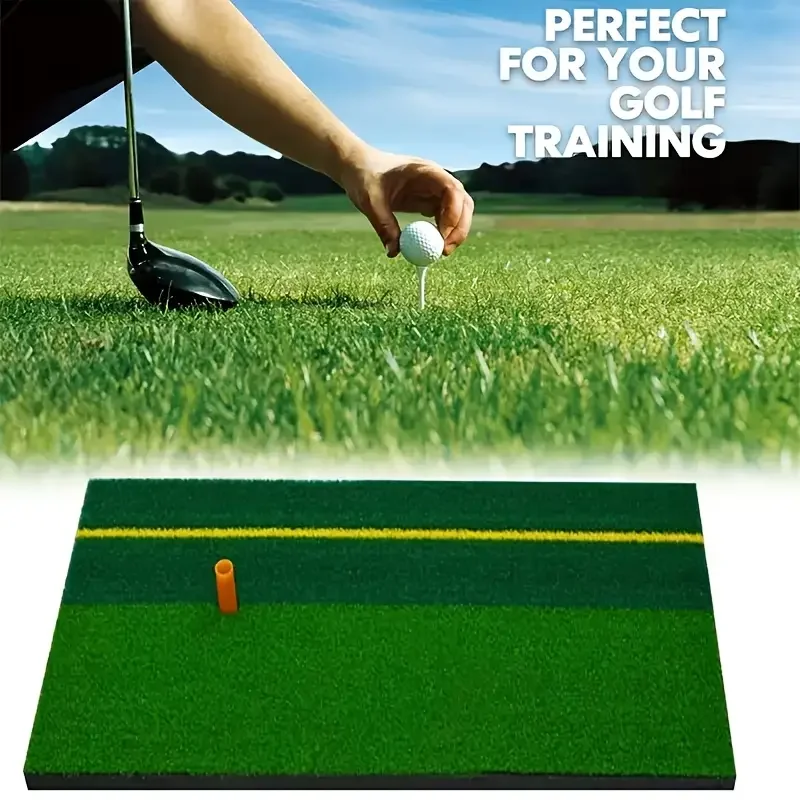 1pc Golf Practice Mat with Two-Color Reverse Grass Design (Green/Grass Green) & White/Yellow Alignment Lines - Durable PP Materi