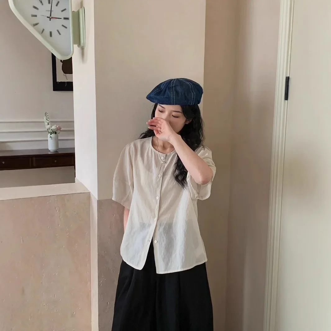 

Korean crew neck short-sleeved shirt women's 2025 summer new high-end foreign-style age-reducing temperament shirt