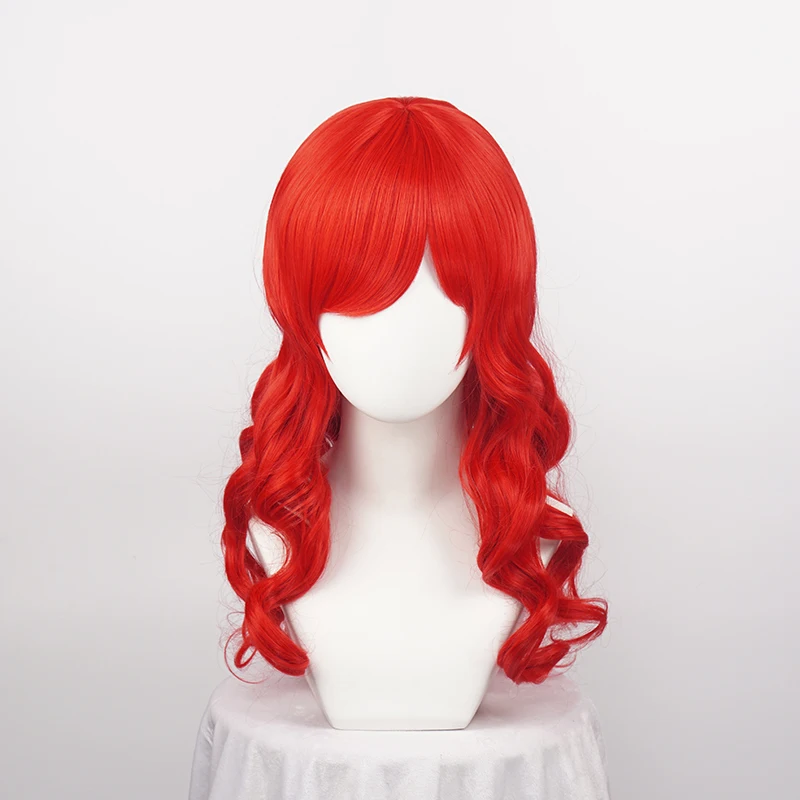 Peluca de Cosplay de princesa Ariel de la Sirenita de Anime de 65cm, peluca de juego de Halloween, pelo ondulado rojo sintético para fiesta y escenario + gorro de peluca